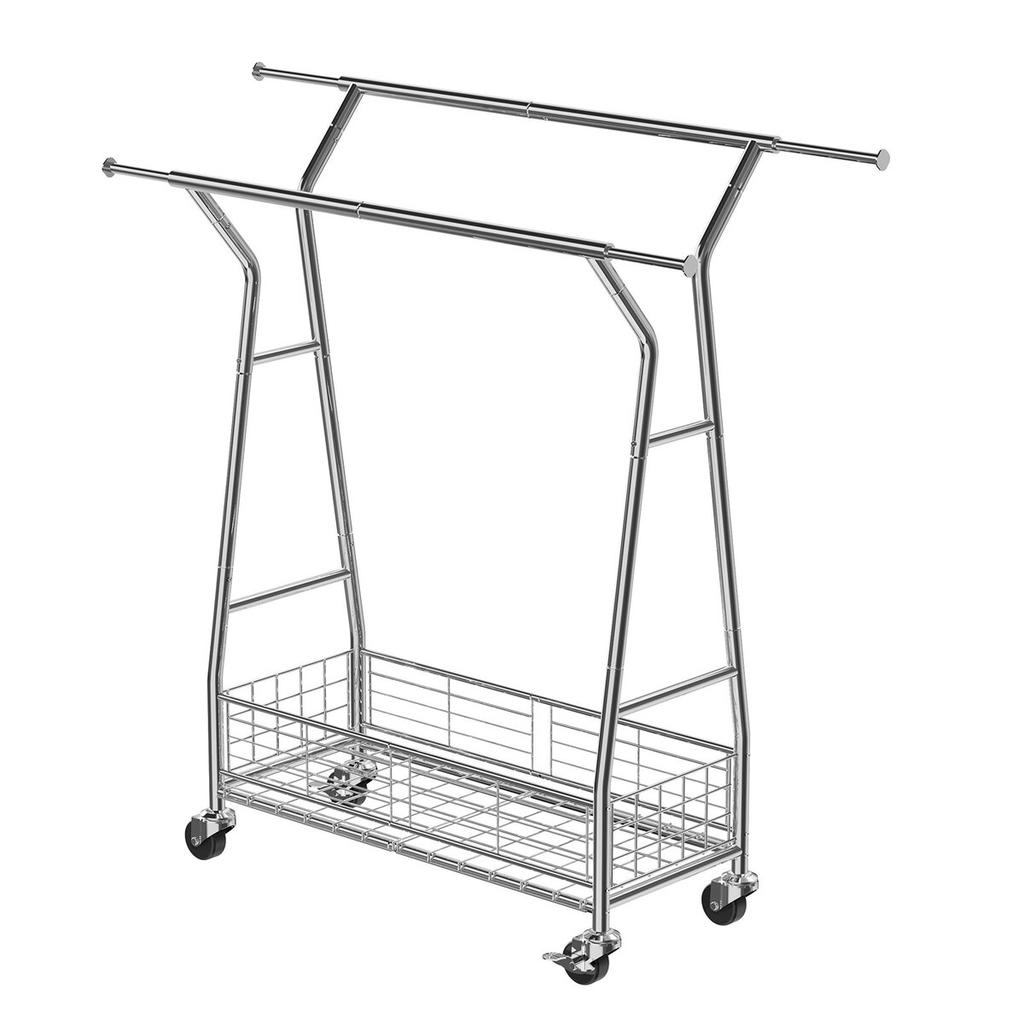 Clothes Rack, Rolling Clothing Garment Rack with 2 Hanging Rods and Storage Basket, 150 kg Load Capacity, Extendable Carbon Steel Clothing Racks with