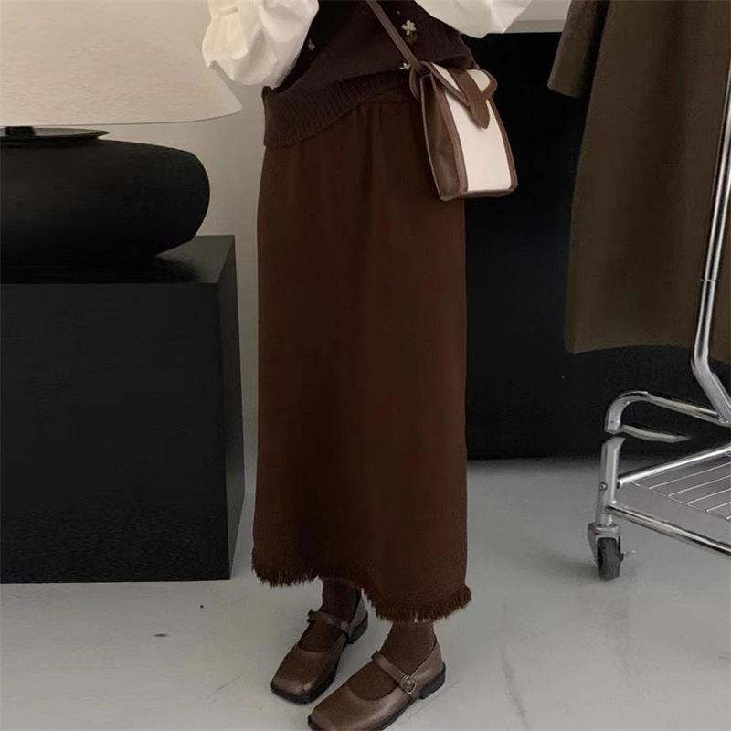 

модная повседневная облегающая эластичная кисточка вязаная юбка женская осенне-зимняя утолщенная теплая макси А-силуэта с разрезом шерстяная юбка на бедра One Size