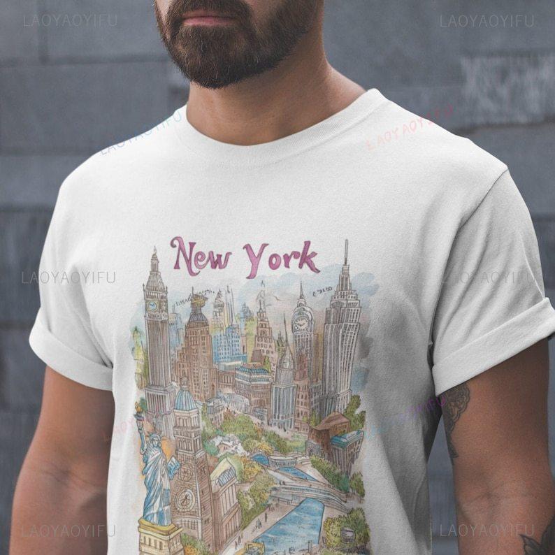 NYC Skyline Tshirt Watercolor Graphic Tee Unisex Vintage Urban Sketch Art Streetwear 2026