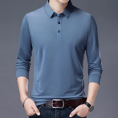 T-shirt da uomo a maniche lunghe slim-fit in stile coreano per giovani e uomini di mezza età, abbigliamento autunnale, maglietta con risvolti sottili, tinta unita, a maniche lunghe, da uomo