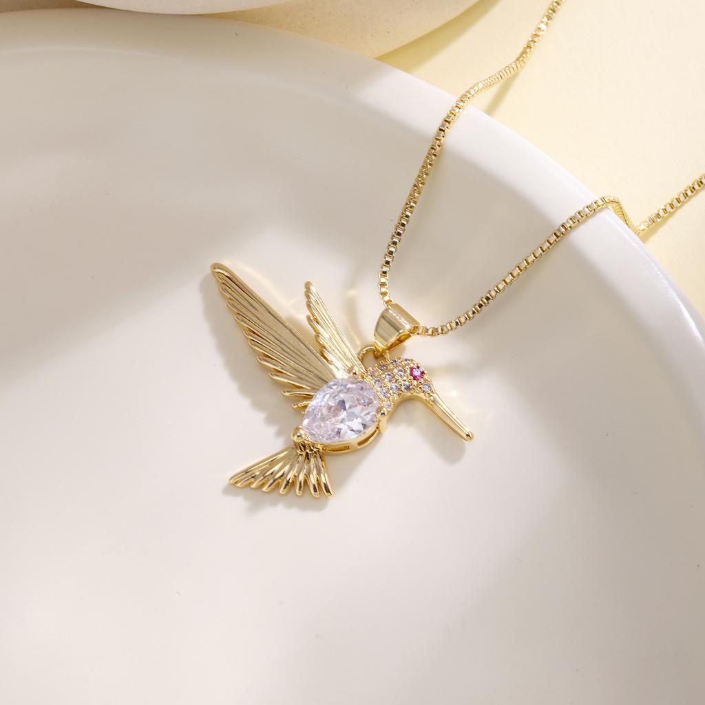 Nidin Shiny Cubic Zirconia Hummingbird Pendant Necklace Crystal Bird Neck Chain Cute Animal Jewelry For Women Party Wedding Gift