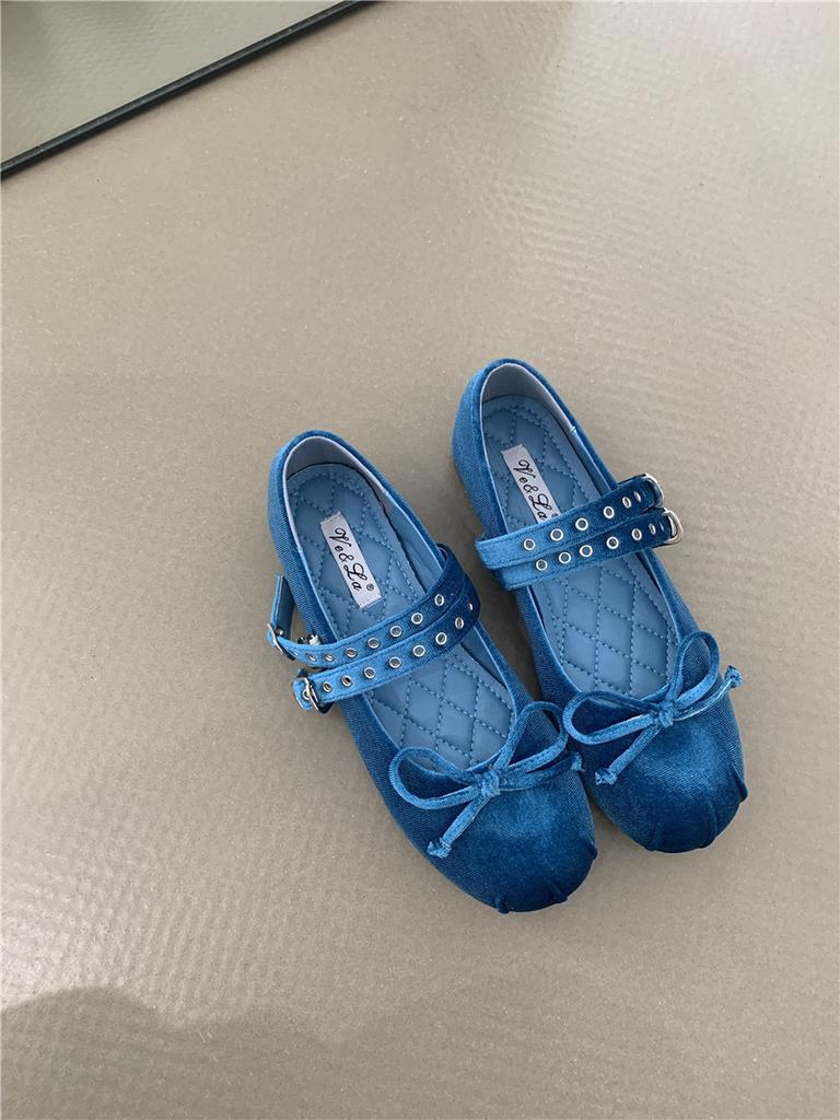 Fashion Double Rivet Buckle Strap Ballets Shoes Women Soft Velvet Flats Bowtie Mary Janes Ladies Brides Round Toe Pink Ballerinas Shoes