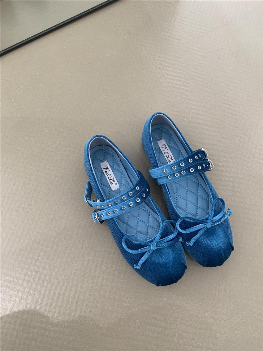 

Модные балетки с ремешком на двойной пряжке-заклепке, женские мягкие бархатные туфли-лодочки с бантом, Мэри Джейн для леди, свадебные, с круглым носком, розовые балетки 35 синий