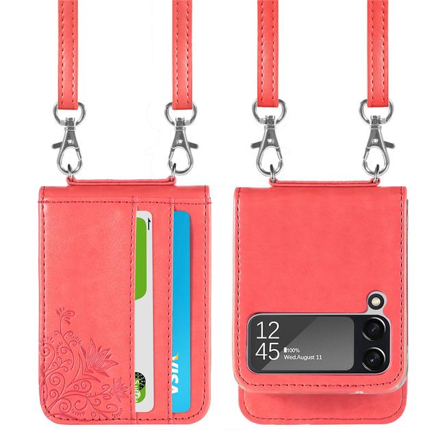 For Samsung Galaxy Z Flip 4 3 Case Floral Print Multifunctional Card Slot Wallet Holder Leather Lanyard Folding Shockproof Cover