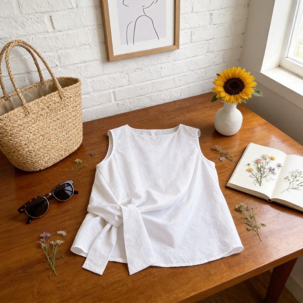 Minimalist White Cotton Knot Tank Top For Summer Casual Wear Women