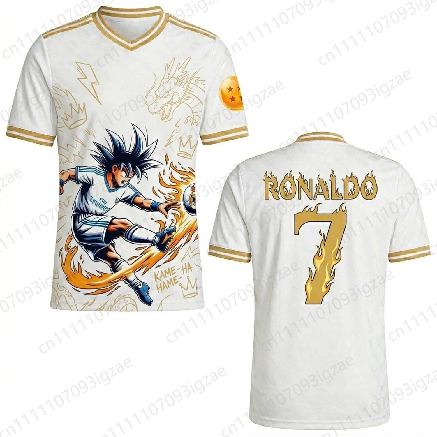 2026 New Athletic Summer Unisex Dragon Ball Z Goku Ronaldo 7 Kamehameha White Gold Graphic V-Neck Soccer Jersey Sports T-Shirt S