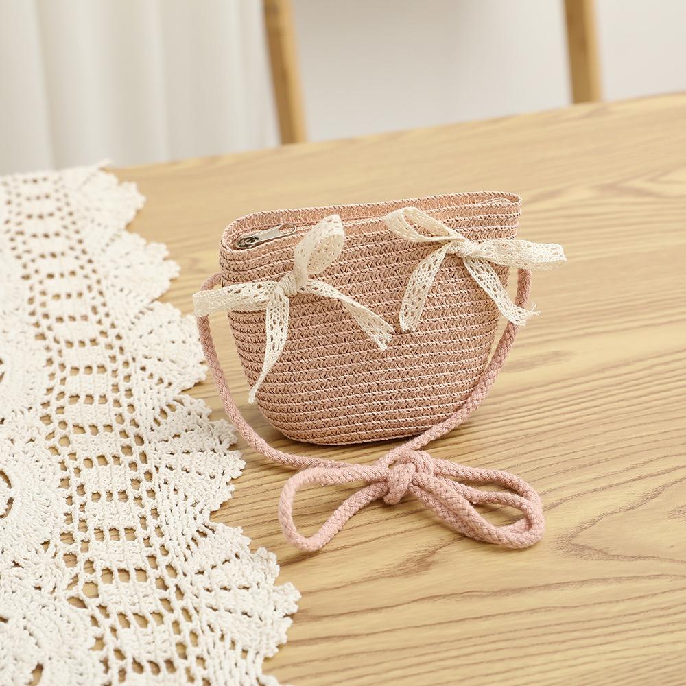 

Літня пляжна сумка з бантом. Модна солом’яна сумка для дівчат ручної роботи темно-рожевого кольору