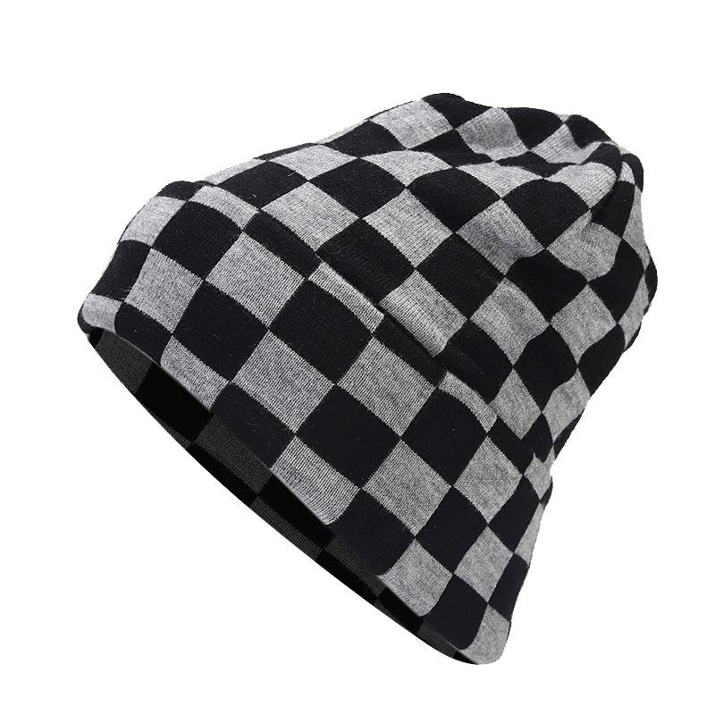 Autumn and winter literary and artistic small fresh checkerboard plaid wool hat trendy men and women outdoor thickened warm knitted hat