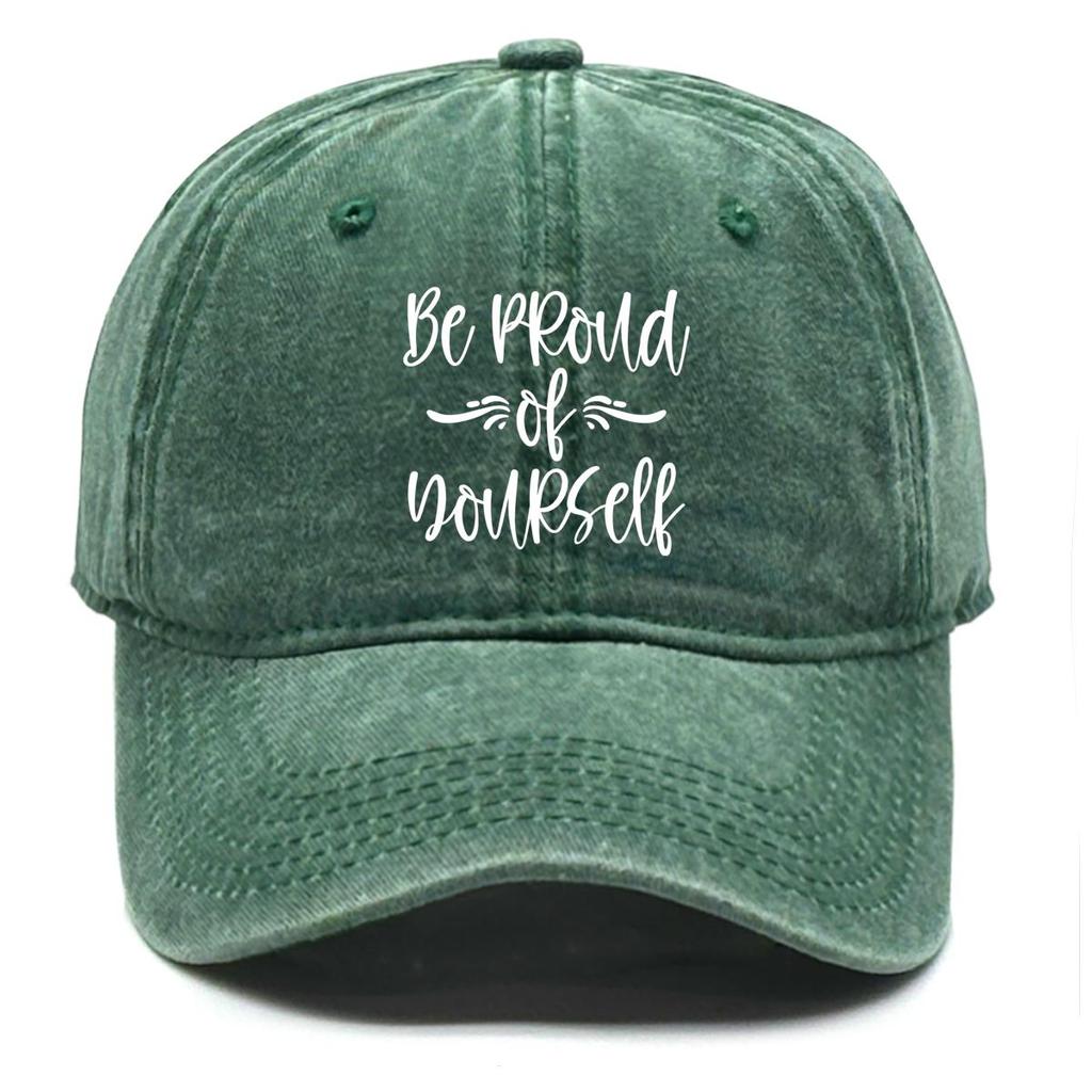 Be Proud of Yourself" Print Snapback Sun Hat, Trucker Hat Adjustable Buckle Headwear Raw Brim Non-Stretch Fabric Snapback Baseball Cap