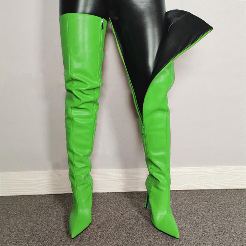 Thin Heels Boots Autumn and Winter Women Polychrome Over The Knee Boot Sexy  Pointed Toe PU Side Zipper Large Size Women Shoes