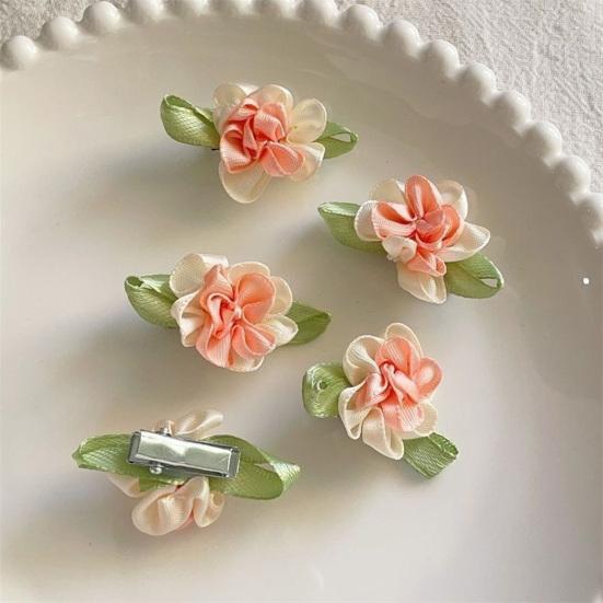 4Pcs Girl Hairpin Hand-Sewn Fabric Flowers Hair Clip with Green Leaves Side Clips Hair Accessories Spring Wear