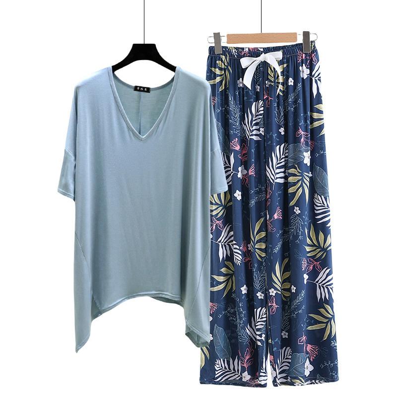 irregular Tshirt and floral wide leg pants summer women's casual pajamas sets Short sleeve homewear suit Loose lightweight Loungwear Plus size