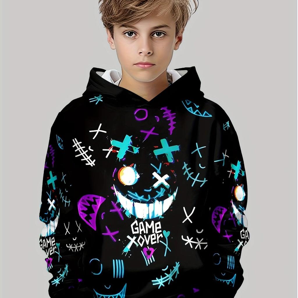 Boys' fashionable 3D printed casual pullover, spring and autumn long sleeved sportswear, boys' outdoor hoodie top