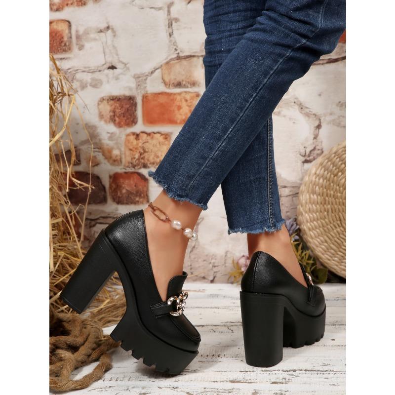 Metal Chain Professional Shoes Women's 2025 Autumn New Thick-heeled Plus-size High-heeled Shoes