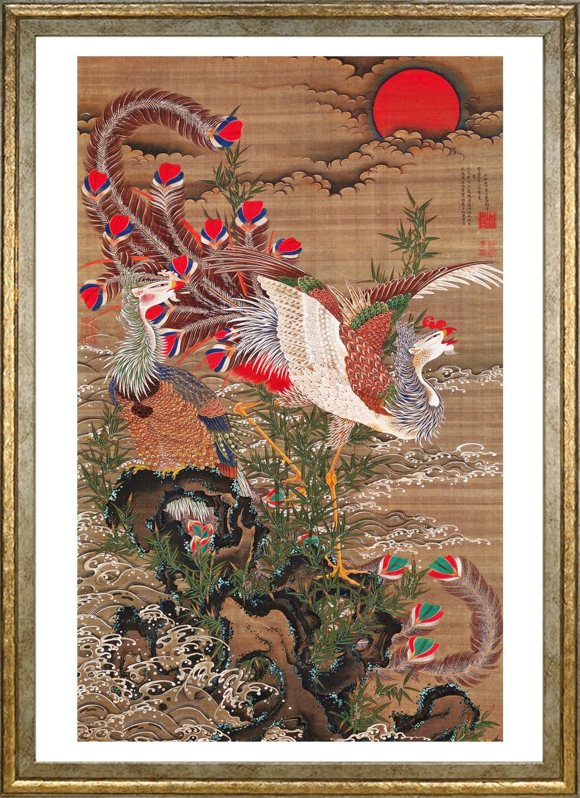 

Постер работы Ито Дзякутю (Восходящее солнце и Феникс) Формат A3 Обои для интерьера Живопись Арт Постер Золотая рама