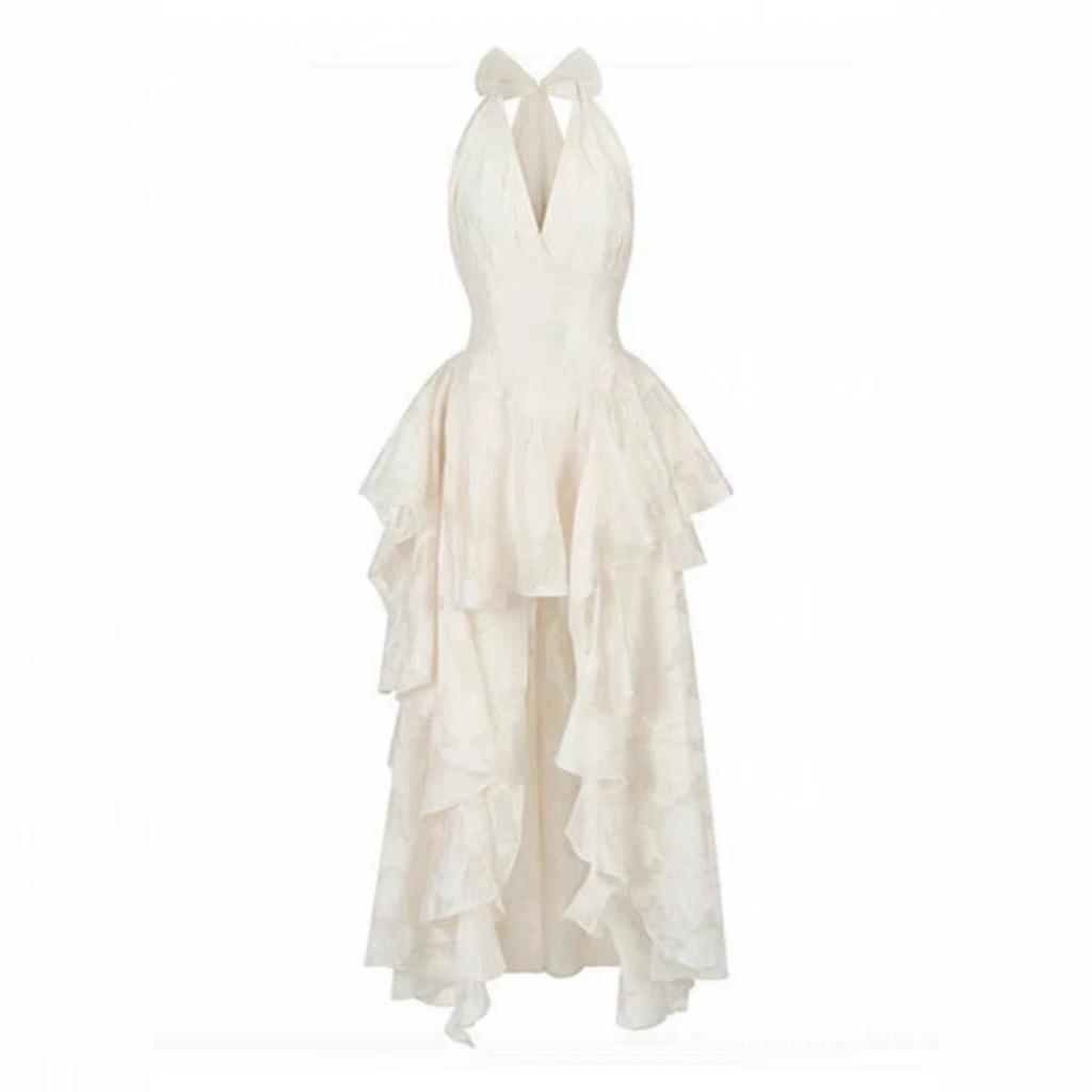 Bali vacation photo shoot French elegant waist-cinching dress, travel fairy halter-neck jacquard elegant halter long dress