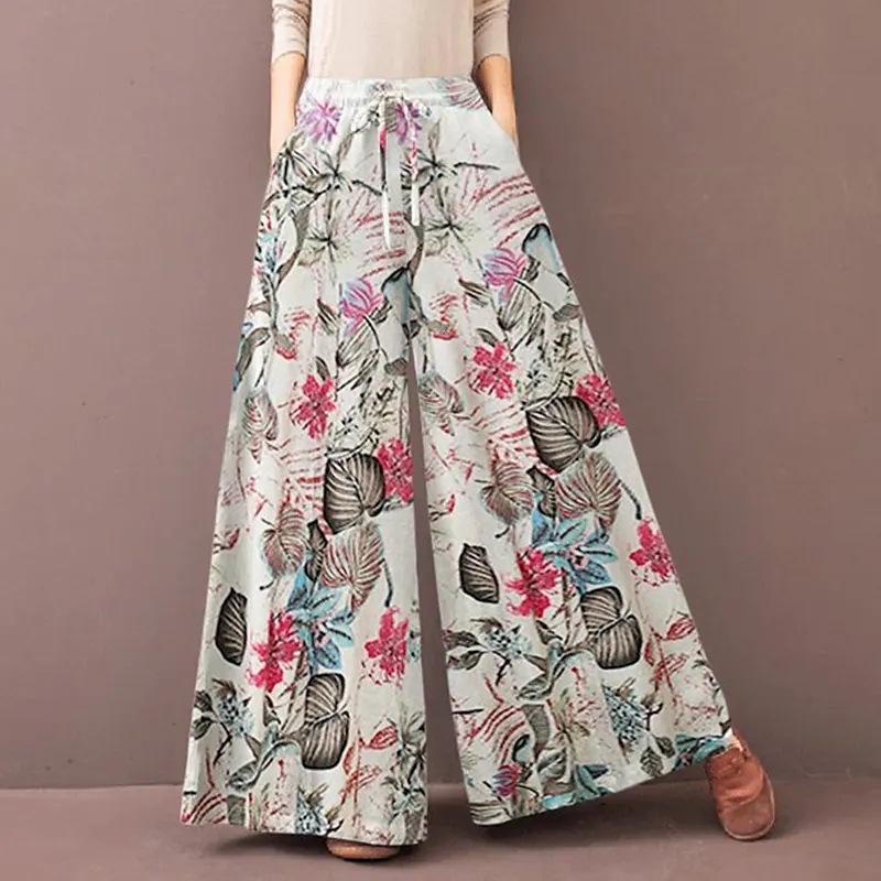 Women Floral Print Wide Leg Pants Spring Autumn Fashion Drawstring Bohemia Trousers Ladies Casual Loose Elastic Waist Pantalon