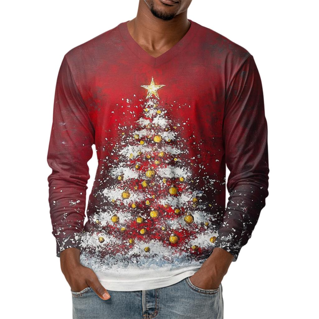 Men's Fashion Printed V-Neck Casual Long-Sleeved T-Shirt Bottoming Shirt Top