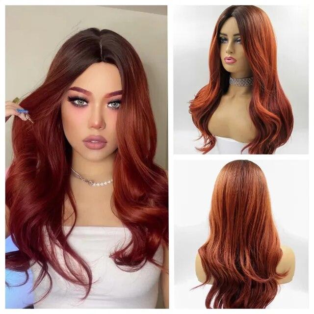 Μακριές καφέ Ombre συνθετικές περούκες για γυναίκες Φυσικά μαλλιά κυματιστές περούκες μεσαίου μέρους Γυναικεία περούκα Cosplay ανθεκτικές στη θερμότητα περούκες από ίνες
