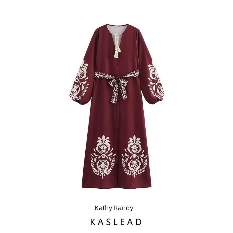 Kaslead New Arrival Women's Clothing Fashion Style Fashion Minimalist Positioning Print Ethnic Style Self-Tie Dress