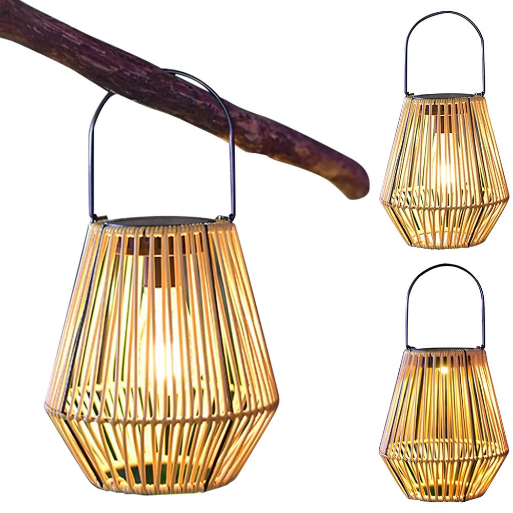 Rattan Solar Lantern IP6 Waterproof Hanging Bamboo Chandelier Lamp Solar Powered Rattan Weaving Light for Garden Patio Courtyard