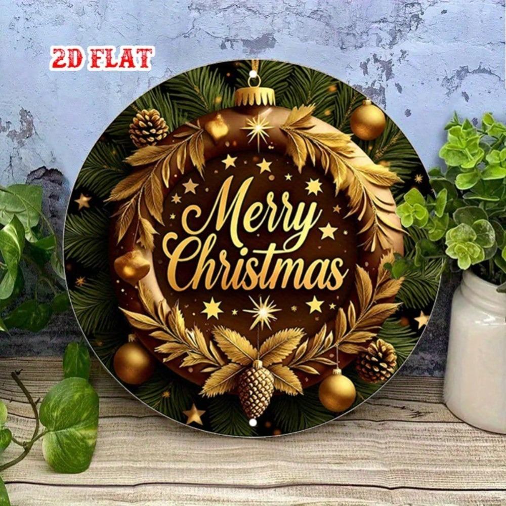 Golden Christmas Wreath Metal Wall Decor Rustic Holiday Sign with Pine Branches Stars Durable Indoor Outdoor Hanging