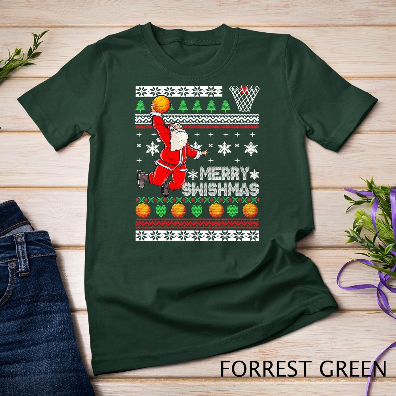 Merry Swishmas Ugly Christmas Basketball Christmas T-Shirt Mens Womens Tees Top Unisex T-Shirt Mens Womens Tees Top S