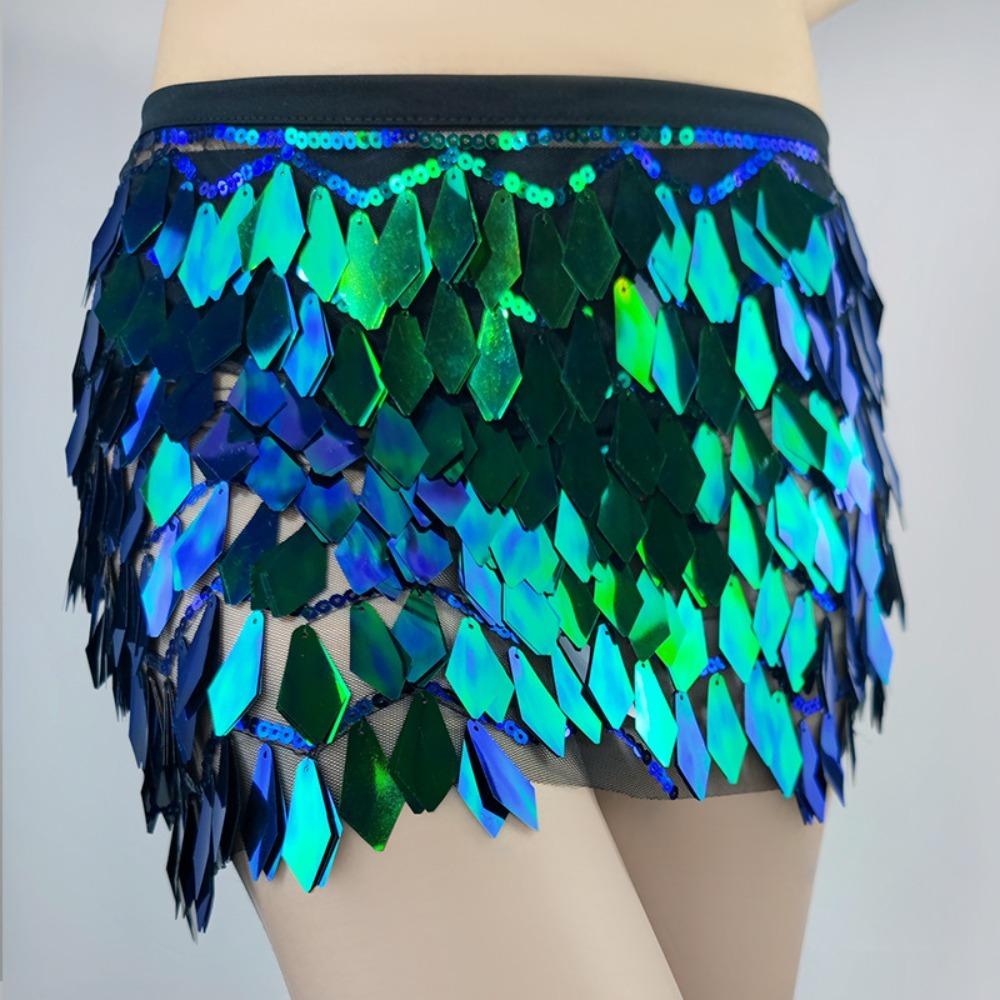 Holographic Sequin Sequin Mini Skirt Lace-Up Design Performance Costume Skirt  Dance Performance