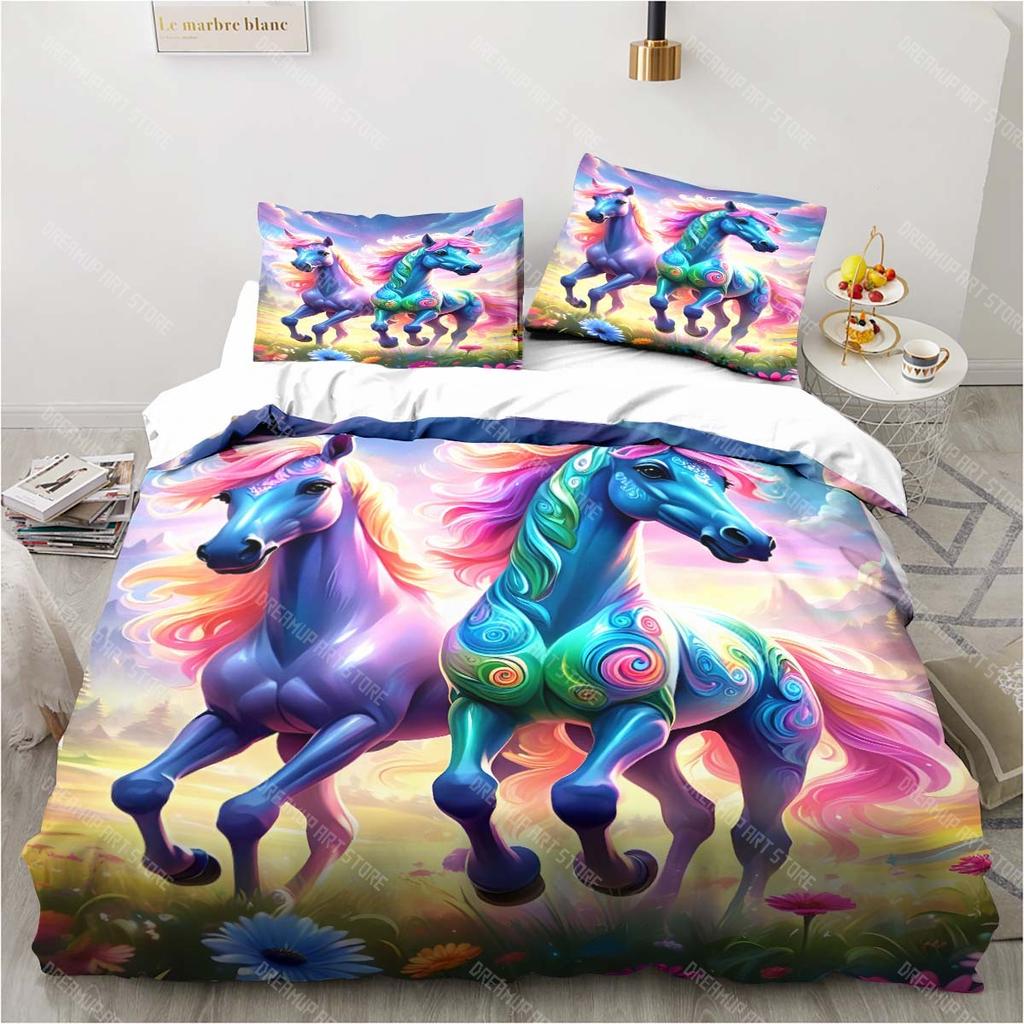 Animal horse printing set pillowcase duvet cover unicorn pattern bedroom bedding child room bed cover set luxury birthday gift