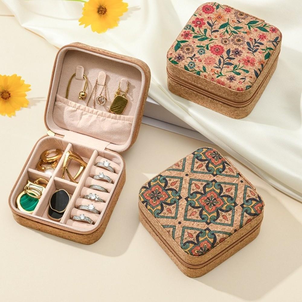 Printed Portable Necklaces Storage Box Portable Retro Rings Case Durable Travel Jewelry Box Travel