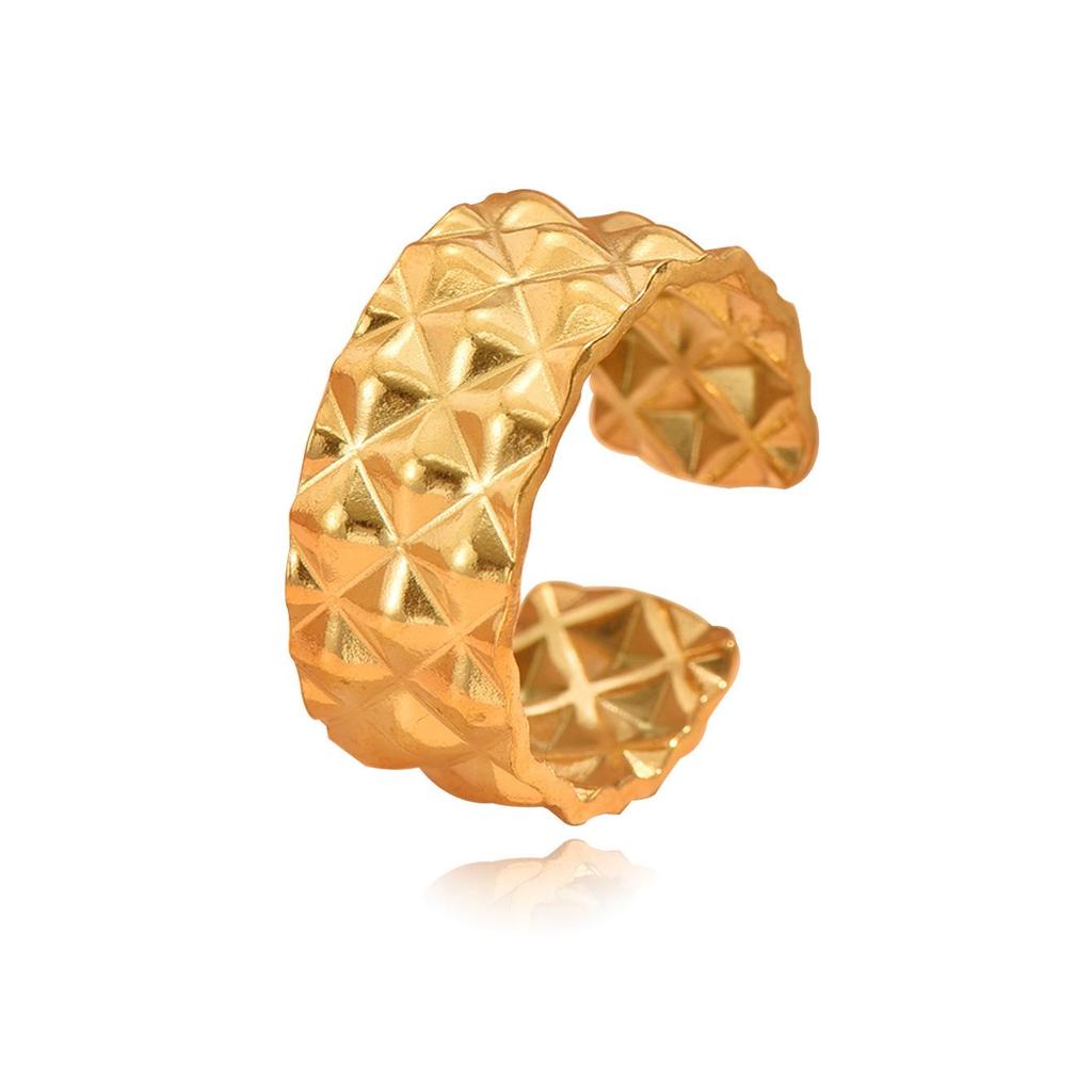 Retro Classic Diamond Lattice Design Stainless Steel Open Ring In Gold Plating, Light Luxury, Fade-Resistant Hand Jewelry