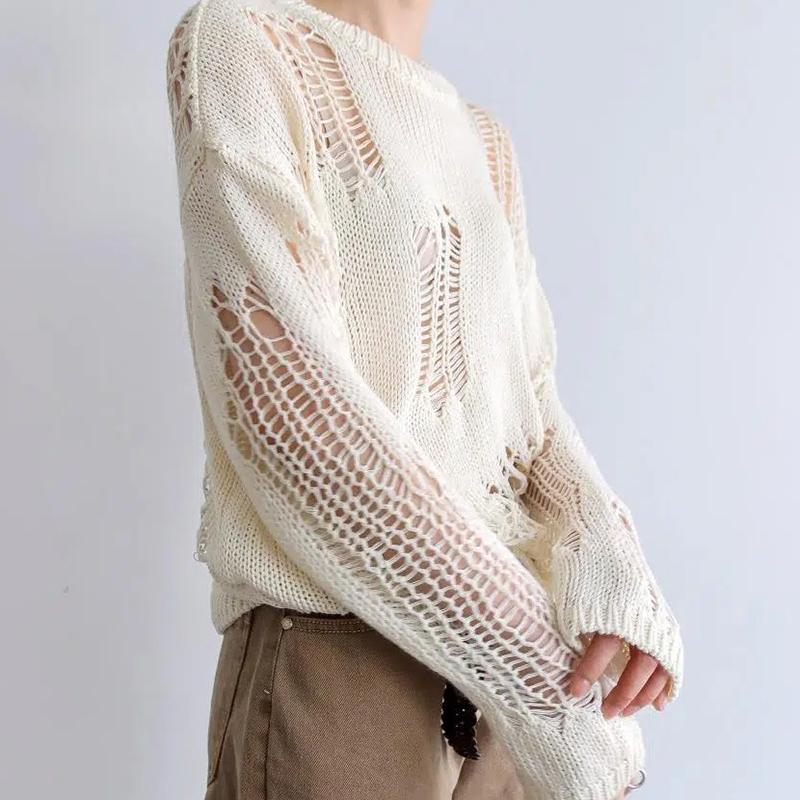 

WTEMPO Весна Лето Длинные рукава Ажурные Дышащие Свитера Однотонные Свободные Тонкие Трикотажные Пуловеры Джемперы Топы XL белый