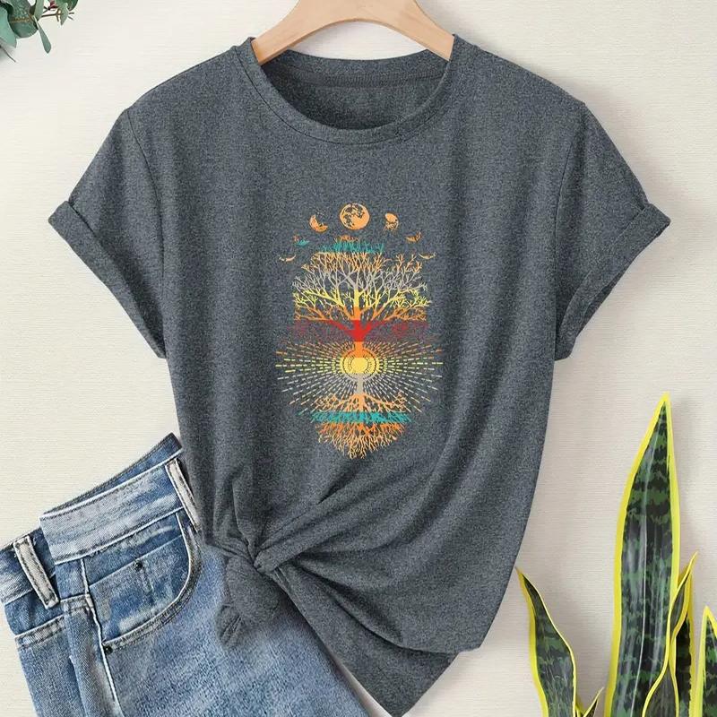 Women Summer T Shirt Retro Fashion Short Sleeve Tees Casual Big Tree Printed  Tops
