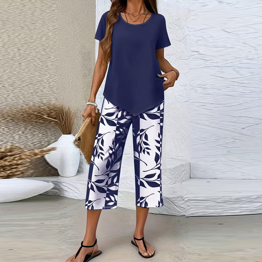 Damen Freizeit Zweiteiler Set Kurzarm Oberteil mit Hoher Taille Weiter Bein Bedruckte Hose Leichte Loungewear Sommer Outfit