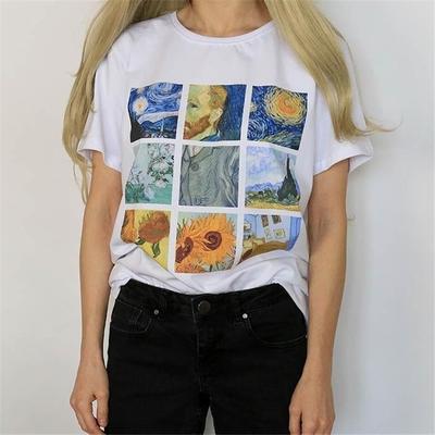 Peinture à l'huile Art Van Gogh Impression Treillis Hauts Décontractés Mignons Manches Courtes Femme Été Harajuku