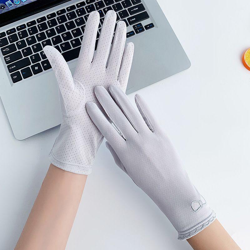 

Ice Silk Sun Protection Gloves Women Thin UV Protection Breathable Touch Screen Quick-Drying Riding Electric Car Sun Protection Summer Hand Sleeve Ice Silk Bows-Grey One size