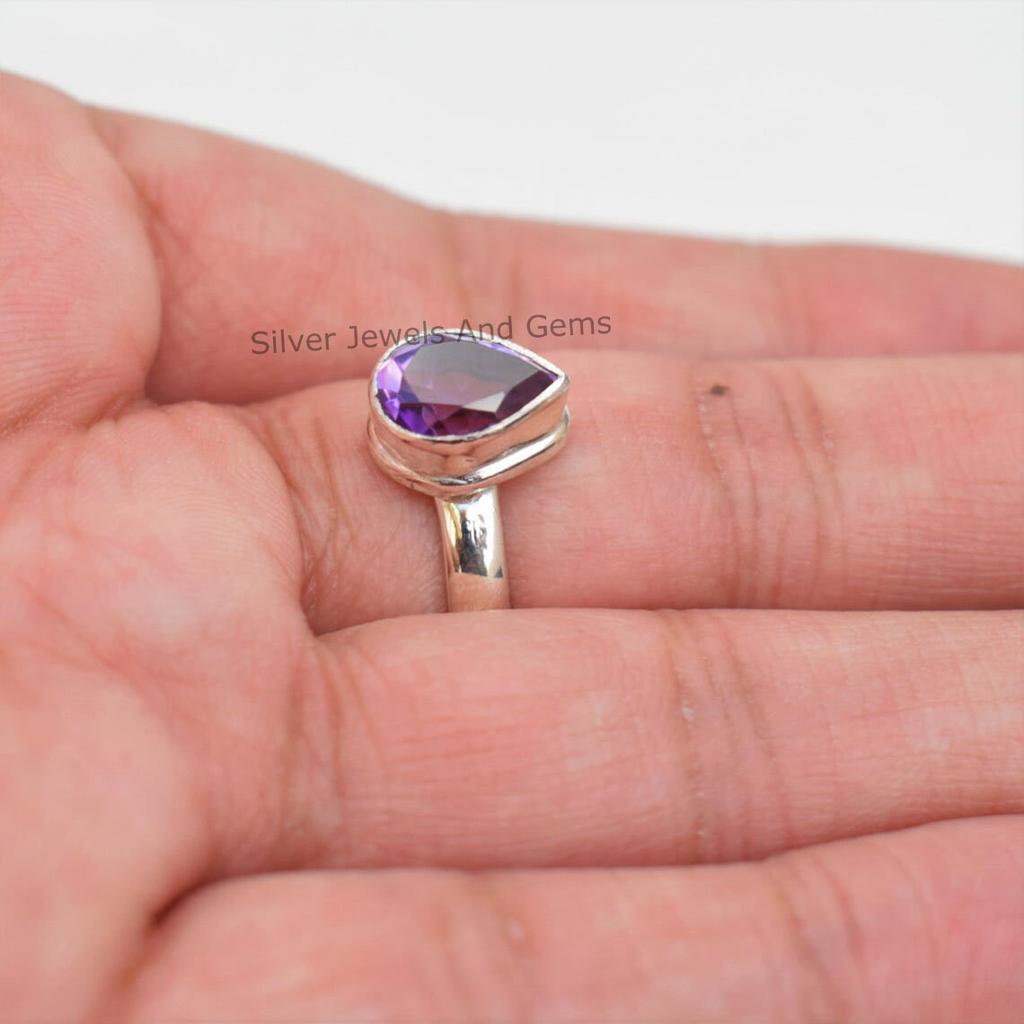 Natural Amethyst Ring, Teardrop Ring, February Birthstone Ring, Handmade Ring for Gift, 925 Sterling Silver Ring, Promise Ring