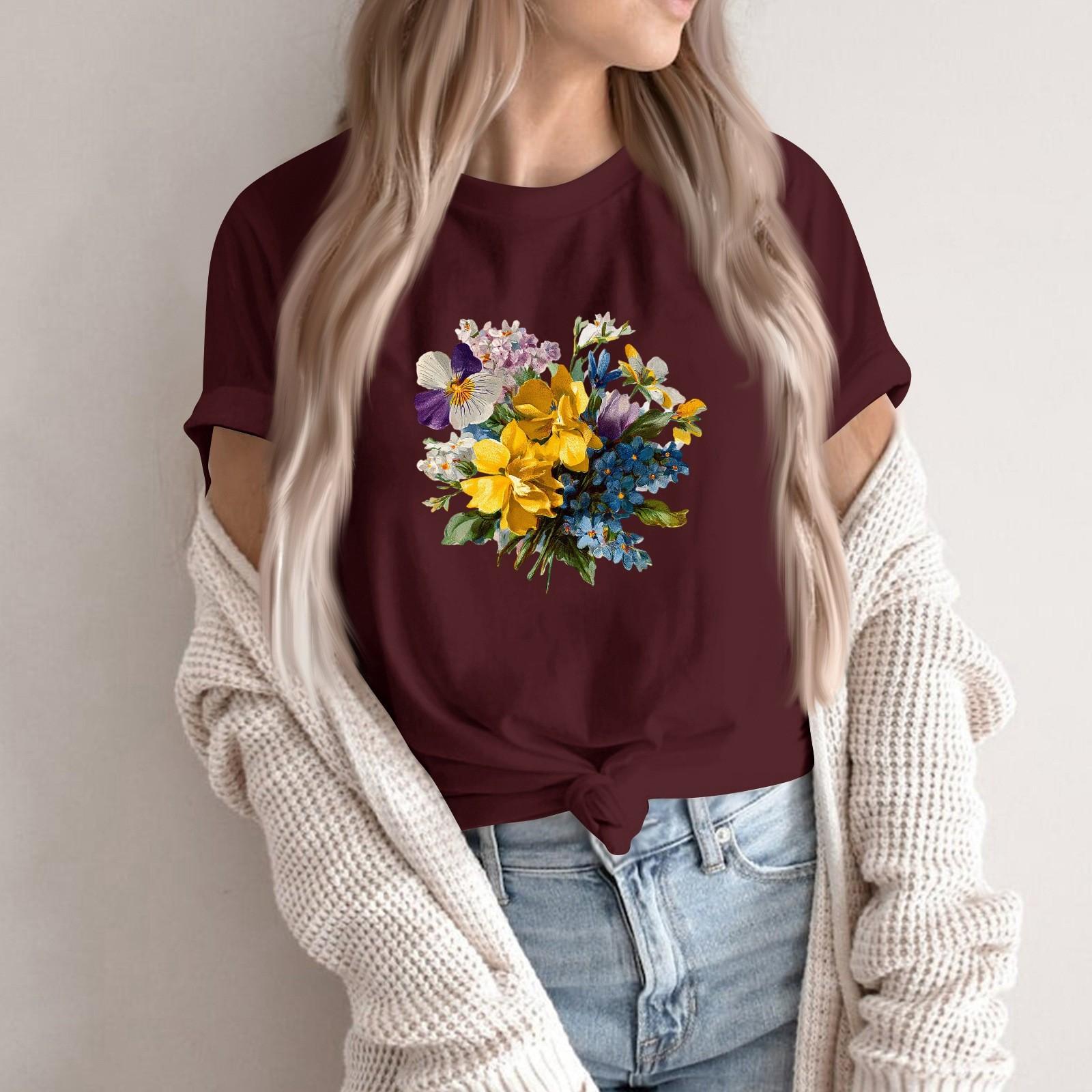 

Women s Fashion Casual Printed Round Neck Short Sleeved Pullover T-Shirt Top XL винний