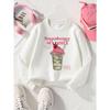 European Sizes Girls' Long-Sleeve Round Neck Sweatshirt "Strawberry Matcha" Print, Spring/Autumn, Casual, Daily & Sports.