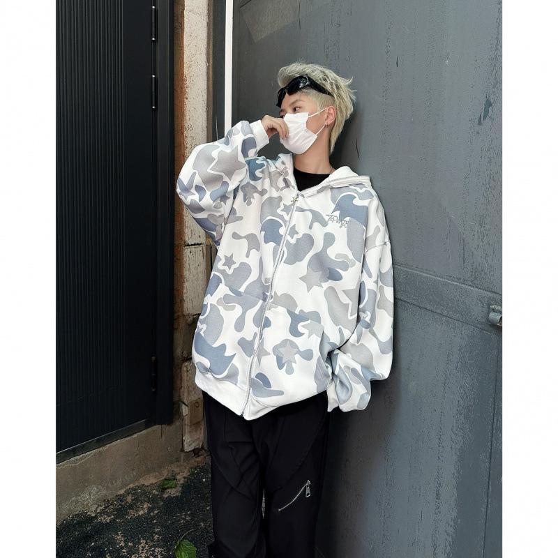 Men's Retro Camouflage Double Hood Cardigan Hoodie – Spring/Autumn Trendy Emotional Couple Sweatshirt