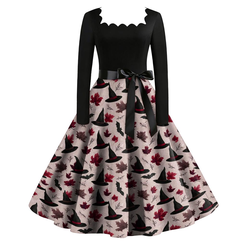 Women's Vintage Long Sleeve Square Neck Party Dress Halloween Printed Full Skirt Midi Dress with Waist Tie Belt Retro Style