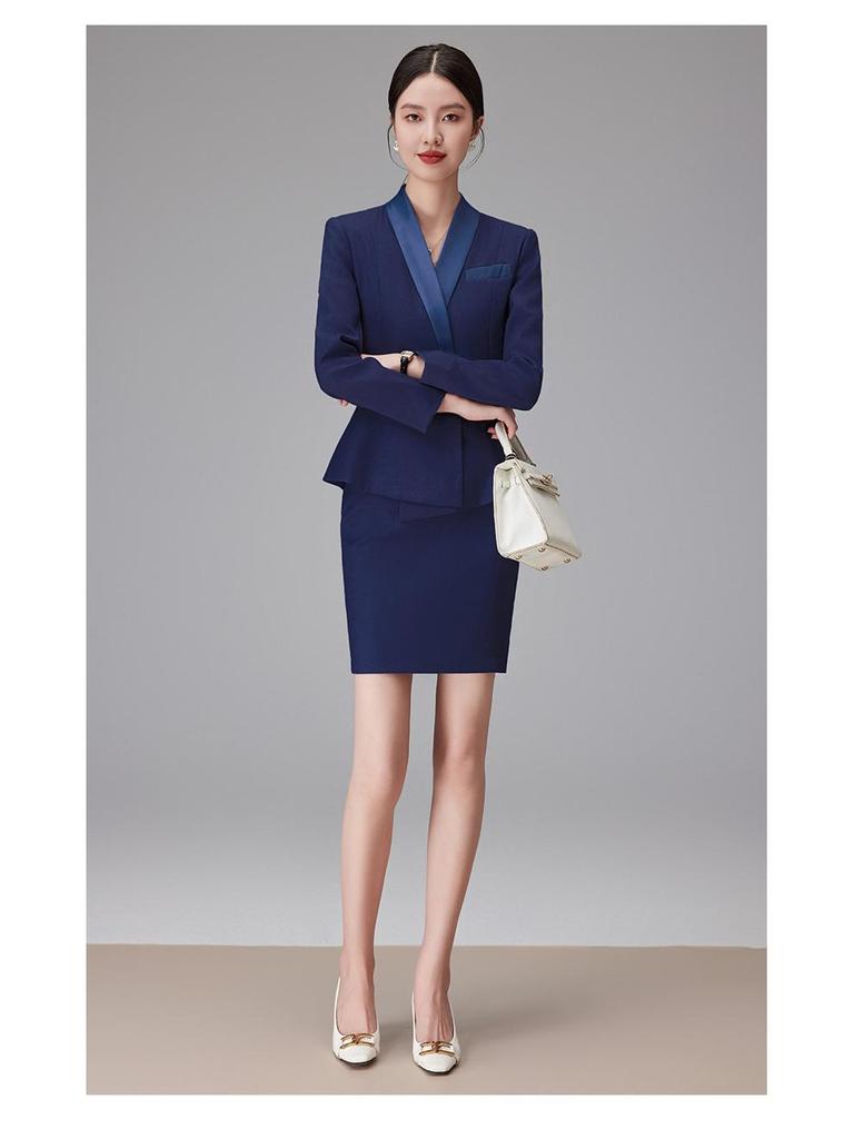 Dark Blue Women's Suit Set: Professional Attire with a Goddess Style – Perfect for Front Desk Workwear.