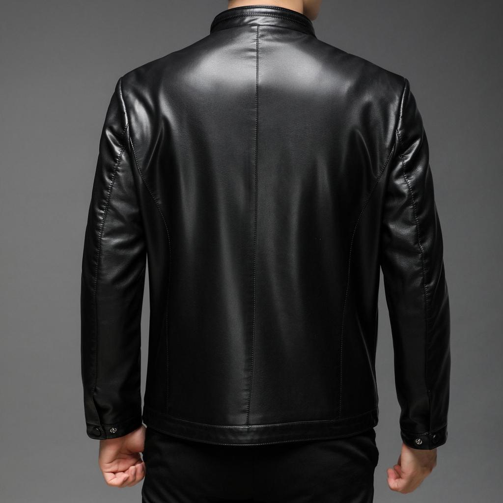 Plyšová kožená bunda pro muže na podzim a zimu Nový stojatý límeček Bunda z měkké kůže pro muže středního věku Volná ležérní kožená bunda