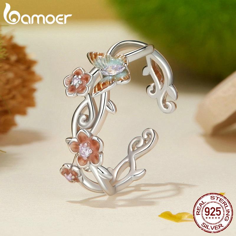 BAMOER 925 Sterling Silver Cherry/Butterfly Adjustable Ring Hypoallergenic Charm Jewelry Gift Ring for Women Girls