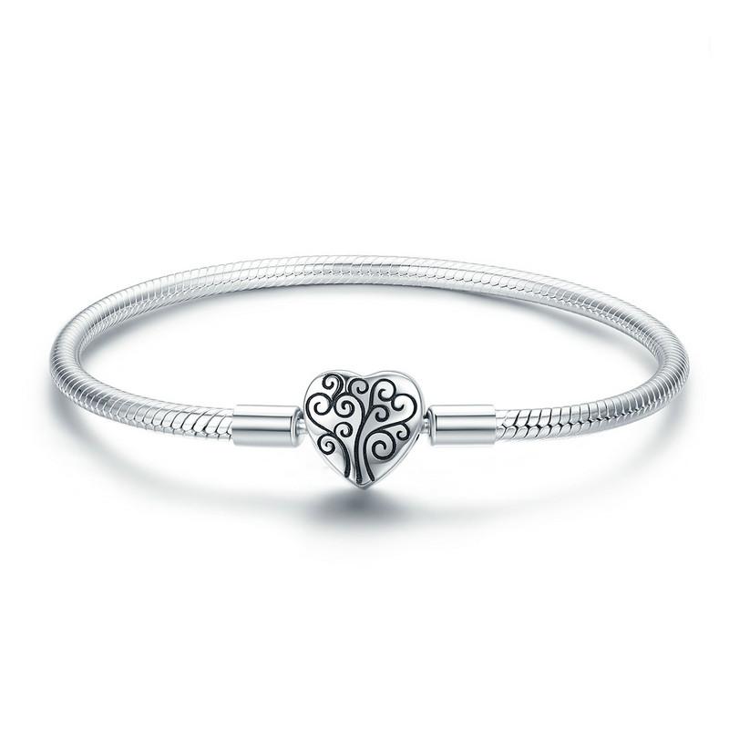 Bamoer 100% 925 Silver Forever Love Bright Heart Charms Bracelet for Women Cat Clasp Snake Chain Bangle Fine Jewelry