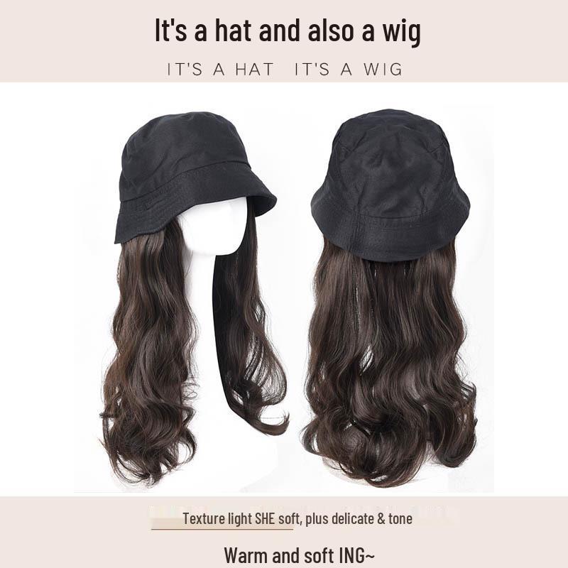 Chapéu Peruca Feminino: Chapéu Balde de Cabelo Liso Longo com Opção de Ondas Cacheadas para Início do Outono
