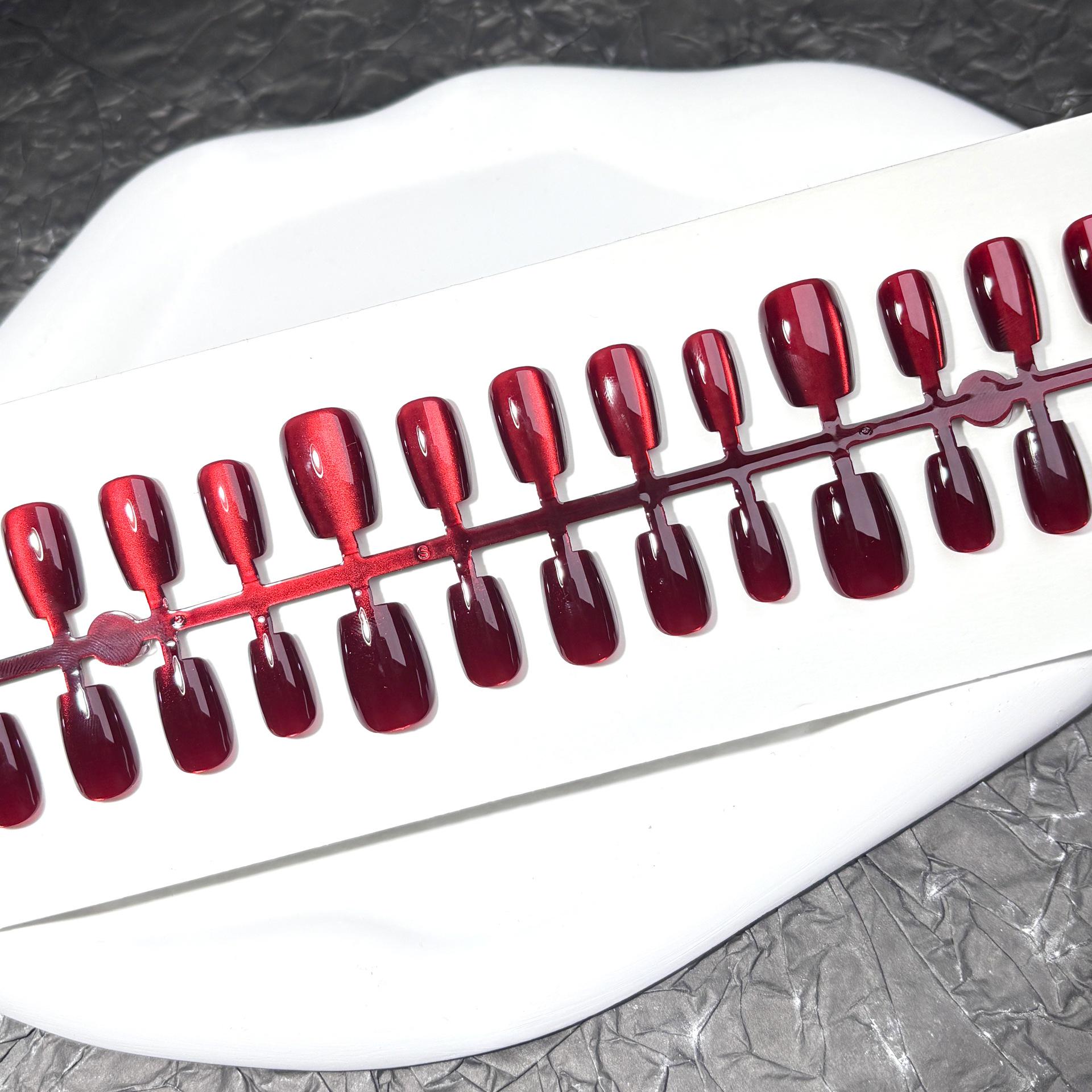 

Вишнево-красные типсы для коротких ногтей «кошачий глаз» - Ручная работа, носимые наклейки для нейл-арта, набор из 10 штук