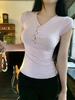 Women's American Retro V-Neck Button-Up Slim-Fit Cropped T-Shirt - 2025 Summer Edition