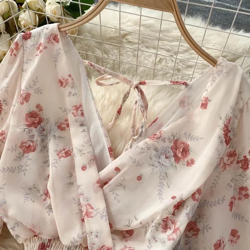 Ladies Beach Vacation Dress Summer Sexy V-Neck Waist Long Chiffon Floral Beach Dresses