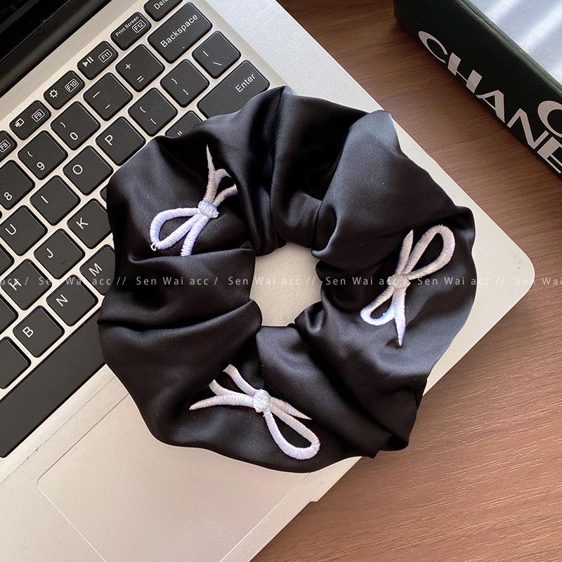 Korean Style Simple Satin Embroidery Bow Hair Band Black and White Ponytail Hair Accessories